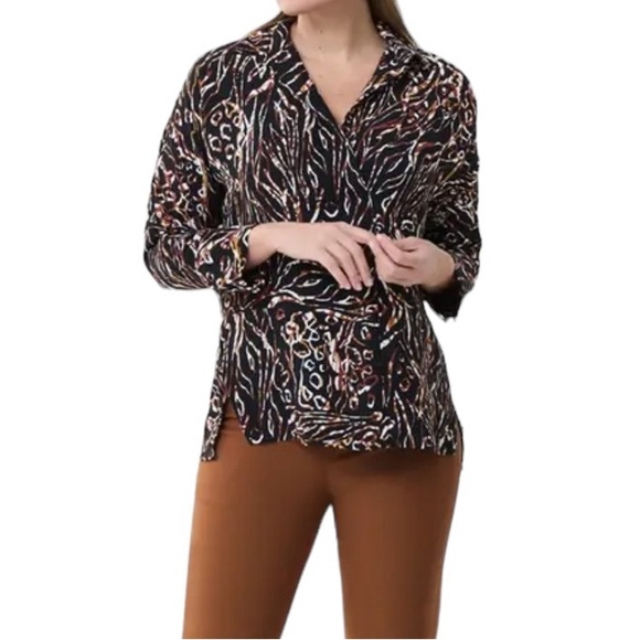 Joseph Ribkoff Black Brown Henley Blouse Long Sleeve Size 10 - Picture 1 of 10